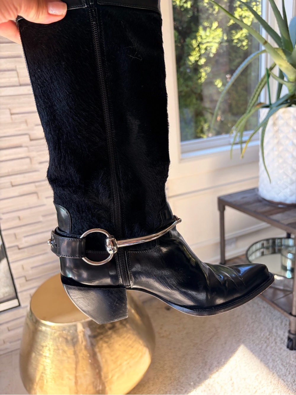 Donald J. Pliner Black Mid-Calf Leather and Cowhide Heeled Boots - Picture 7 of 10
